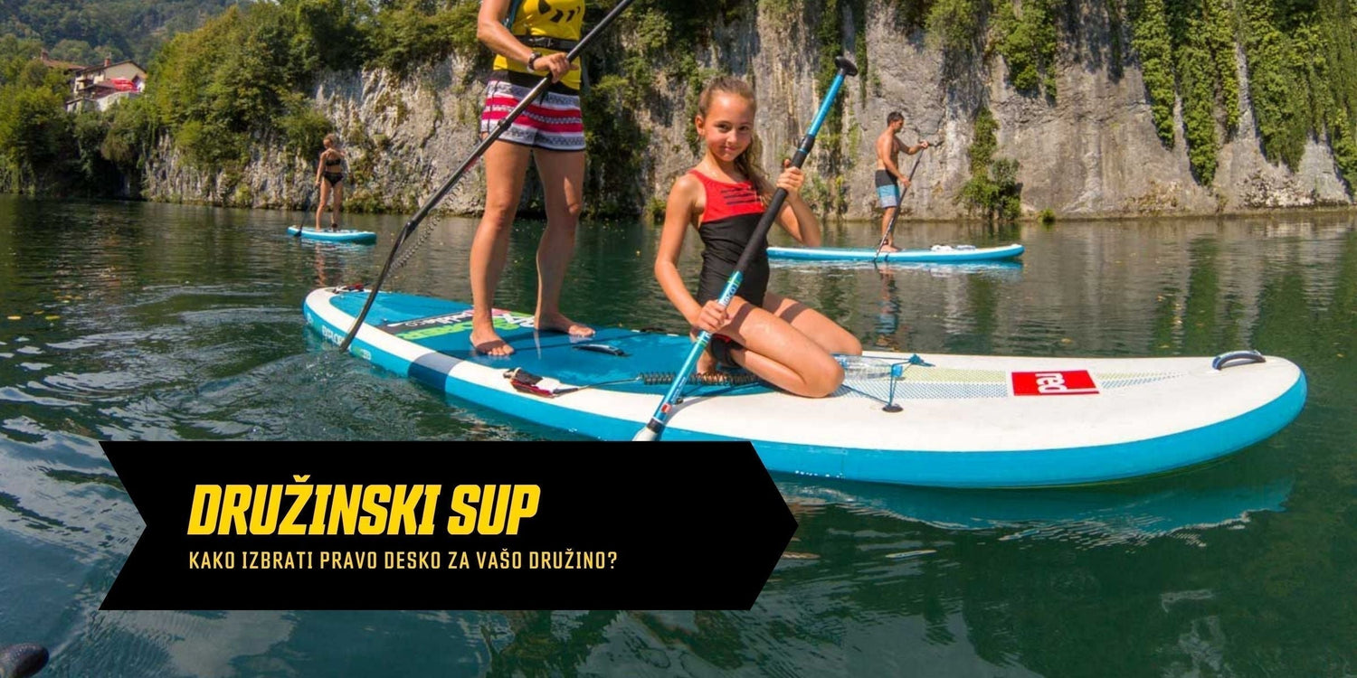 Družina supa na vsestranski sup deski na slovenskem jezeru — Bananaway