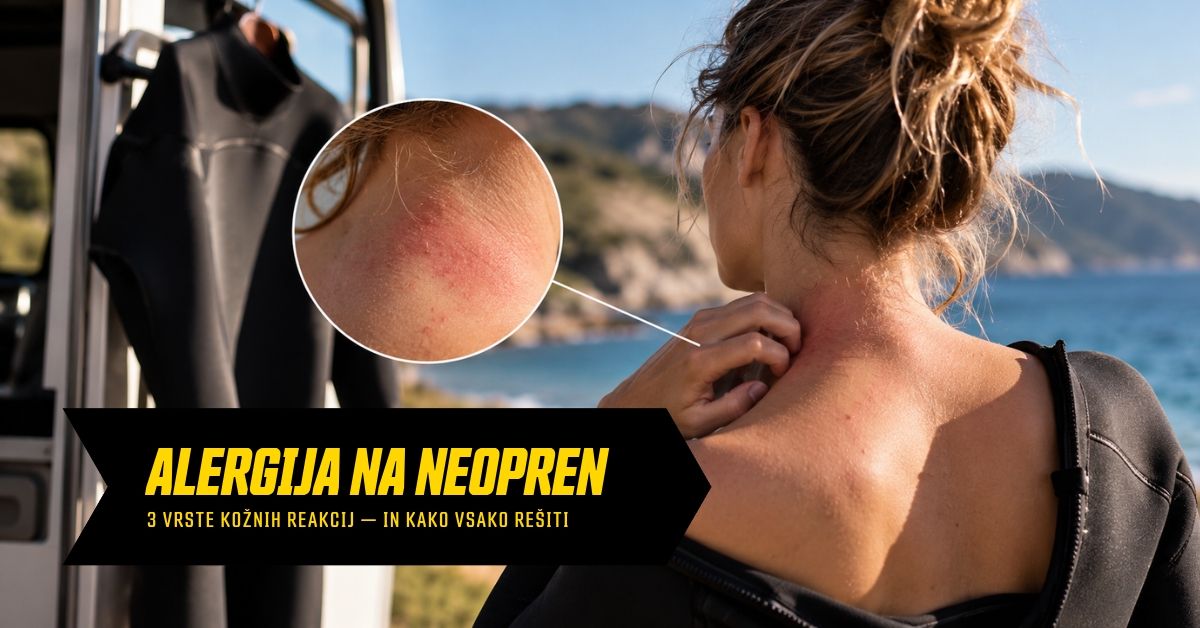 Alergija na neopren: ženska si praska rdeč, srbeč izpuščaj na vratu po uporabi neoprenske obleke, v ozadju sušenje neoprena ob Jadranu